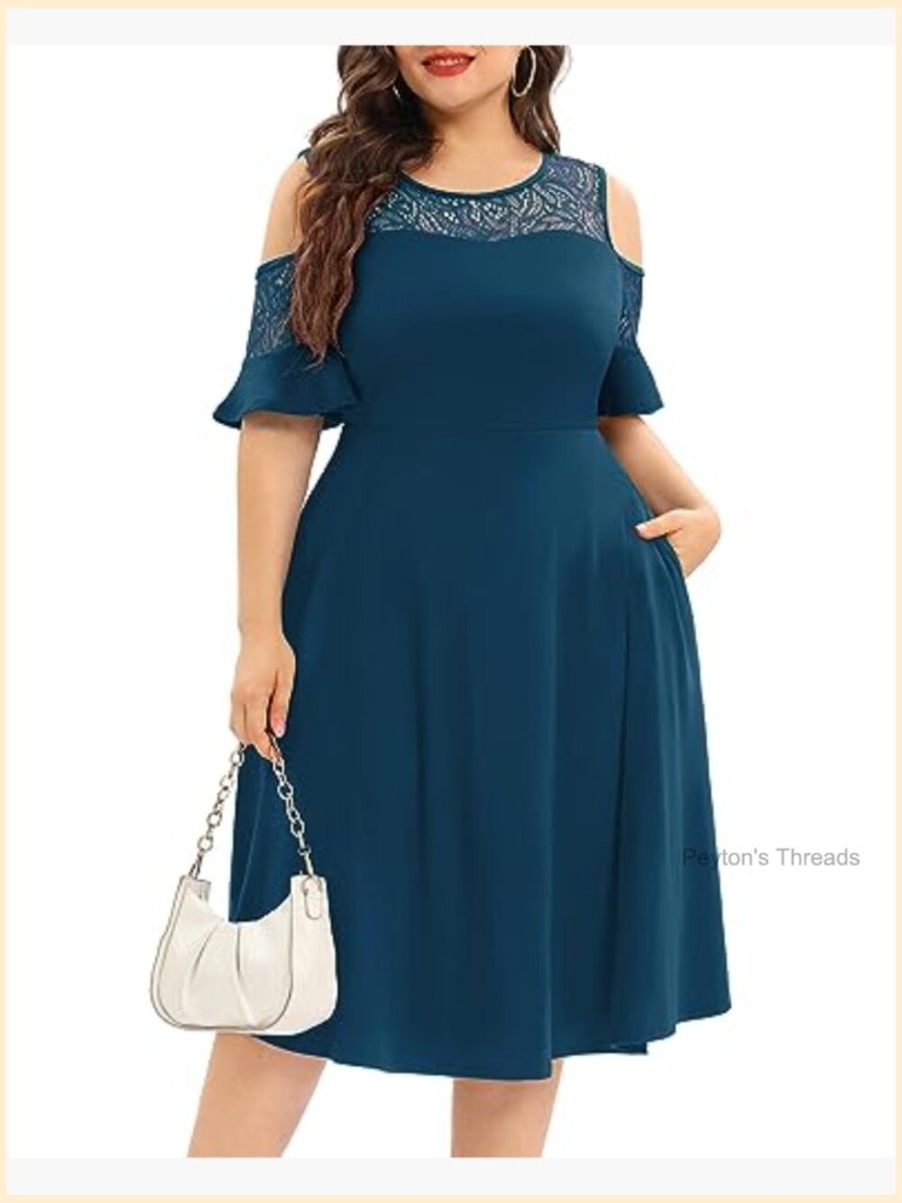 Plus Size Cold Shoulder Lace Midi Dress with Pockets - Picture 3 of 7